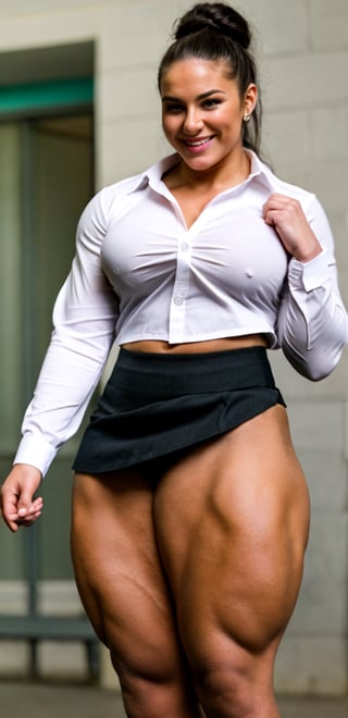 A heavily muscled iffb pro female bodybuilder,  a schoolgirl wearing a silk buttoned shirt, short skirt.