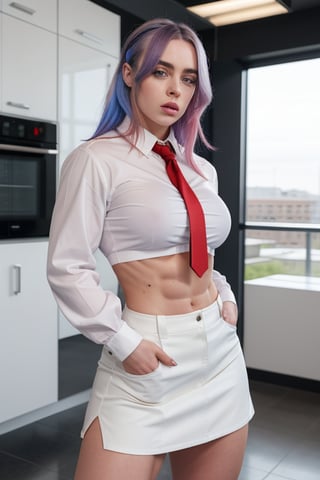 a heavily muscled iffb pro bodybuilder 22 year old girl popstar Billie Eilish, colourful hair,  , wearing a Jersey Island school
uniform,photorealistic, white unbuttoned shirt
and tie, red miniskirt, latex