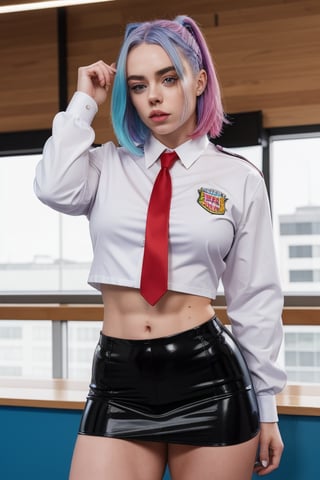 a heavily muscled iffb pro bodybuilder 21 year old girl popstar Billie Eilish, colourful hair,  , wearing a Jersey Island school
uniform,photorealistic, white unbuttoned shirt
and tie, red miniskirt, latex