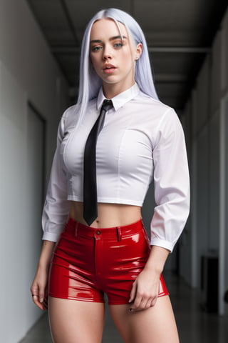 a heavily muscled iffb pro bodybuilder 21 year old girl popstar Billie Eilish, wearing a Jersey Island school
uniform,photorealistic, white unbuttoned shirt
and tie, red miniskirt, latex