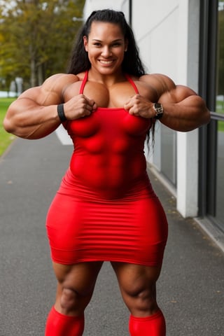 22 year old Valerie Adams, a heavily muscled iffb pro female bodybuilder,  a schoolgirl wearing a tight long silk dress,  red opaque pantyhose ,fmg