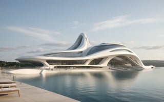 (master piece)(Future zen building), rhombuses facade pattern, zaha hadid, glass windows,  The ship,concrete,  Atlantis, Round and soft,Nordic,
Future world,ship,rooftop,harbor
tower,Minimalist succinct style,flyship on sky,