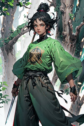 Higly detailed, High Quality, Masterpiece,beautiful,(medium long shot), 1girl, solo, warrior, on guard,(stare, young, black hair, short hair, harem pants, green T-shirt, tattoos in arms, stick as a weapon, brunette, forest, detailed background, african, black girl, wooden stick, black complexion, mexican, black face, black skin, ,Felm