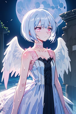 Fitoria, anime, white hair. Short hair. Bob haircut. White feathered wings. long lace dress. White dress. Pink lace. sleeveless. small cleavage. Pink lace choker. Pink eyes. sad. ruins. Moonlight. Wet body. Look front
