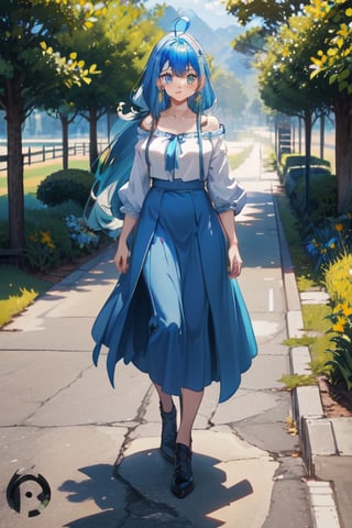 blue hair, long hair, red shirt, blue skirt, long skirt, ahoge, earrings, blue leggings, kingdom of rosas outfits, kingdom of rosas style, green eyes, gray blue skirt, red bareshirt, red off-shoulder shirt, fullbody, character sheet