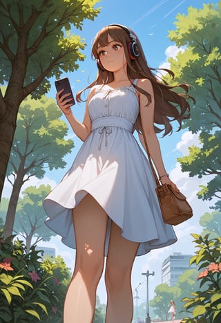 score_9, score_8_up, score_7_up, score_6_up, score_5_up, score_4_up,

From below, 1girl, long hair, brown hair, dress, bag, tree, legs, headphones, phone, mobile phone, smartphone, handbag, sundress