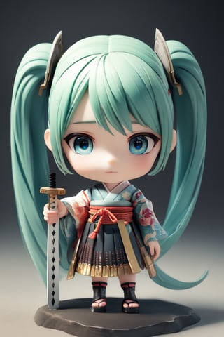 ((1 female)), Hatsune Miku, petite girl, full body, chibi, 3D figure little girl, green hair, twintails, beautiful girl with attention to detail, beautiful delicate eyes, detailed face, beautiful eyes, Japanese Warring States Period Samurai, Wearing Traditional Samurai Armor, Holding a Sword Poised, detail, dynamic beautiful pose, dynamic pose, gothic architecture, natural light, ((real)) Quality: 1.2 )), Dynamic Distance Shot, Cinematic Lighting, Perfect Composition, Super Detail, Official Art, Masterpiece, (Best) Quality: 1.3), Reflections, High Resolution CG Unity 8K Wallpaper , Detailed Background, Masterpiece, ( Photorealistic): 1.2), random angle, side angle, chibi, whole body, mikdef,