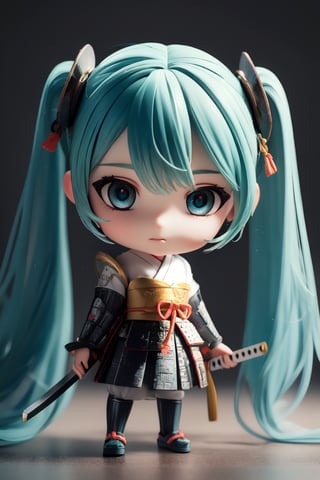 ((1 female)), Hatsune Miku, petite girl, full body, chibi, 3D figure little girl, green hair, twintails, beautiful girl with attention to detail, beautiful delicate eyes, detailed face, beautiful eyes, Japanese Warring States Period Samurai, Wearing Traditional Samurai Armor, Holding a Sword Poised, detail, dynamic beautiful pose, dynamic pose, gothic architecture, natural light, ((real)) Quality: 1.2 )), Dynamic Distance Shot, Cinematic Lighting, Perfect Composition, Super Detail, Official Art, Masterpiece, (Best) Quality: 1.3), Reflections, High Resolution CG Unity 8K Wallpaper , Detailed Background, Masterpiece, ( Photorealistic): 1.2), random angle, side angle, chibi, whole body, mikdef,