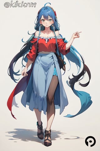 blue hair, long hair, red shirt, blue skirt, long skirt, ahoge, earrings, blue leggings, kingdom of rosas outfits, kingdom of rosas style, green eyes, gray blue skirt, red bareshirt, red off-shoulder shirt, fullbody, character sheet