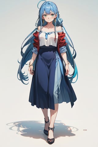 blue hair, long hair, red shirt, blue skirt, long skirt, ahoge, earrings, blue leggings, kingdom of rosas outfits, kingdom of rosas style, green eyes, gray blue skirt, red bareshirt, red off-shoulder shirt, fullbody, character sheet