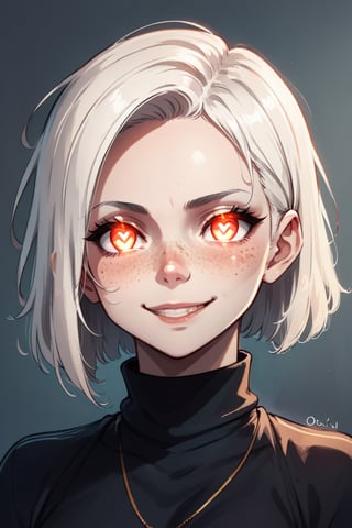 score_9_up, score_8_up, score_7_up, score_6_up, source_anime, ratings_safe, 1girl, face art. glowing eyes, heart_shaped_pupils, glowing pupils, smirky smile, freckles, bobcut hair, white hair, hairs covering her eyes, closeup shot, black turtleneck on neck, black stroke lines, motion_lines, anime style, illustration