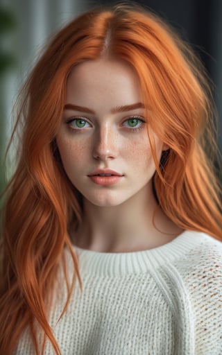 (best quality, 4k, 8k, highres, masterpiece:1.2), ultra-detailed, photorealistic, photography, 1girl, solo, long hair, looking at viewer, green eyes, orange hair, blurry, sweater, lips, eyelashes, blurry background, portrait, freckles, realistic, white sweater