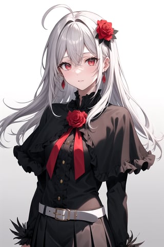 1girl, solo, long hair, looking at viewer, bangs, skirt, simple background, shirt, hair ornament, red eyes, long sleeves, white background, ribbon, hair between eyes, jewelry, closed mouth, jacket, flower, ahoge, grey hair, cowboy shot, earrings, frills, belt, hair flower, grey background, mole, black jacket, gradient, gradient background, mole under eye, black ribbon, neck ribbon, capelet, rose, expressionless, feathers, brooch, red flower, gem, red rose, arms at sides, feather hair ornament, black capelet, red gemstone