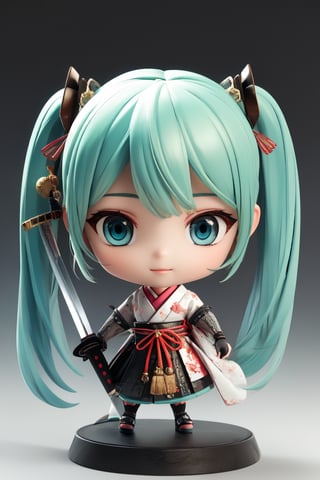 ((1 female)), Hatsune Miku, petite girl, full body, chibi, 3D figure little girl, green hair, twintails, beautiful girl with attention to detail, beautiful delicate eyes, detailed face, beautiful eyes, Japanese Warring States Period Samurai, Wearing Traditional Samurai Armor, Holding a Sword Poised, detail, dynamic beautiful pose, dynamic pose, gothic architecture, natural light, ((real)) Quality: 1.2 )), Dynamic Distance Shot, Cinematic Lighting, Perfect Composition, Super Detail, Official Art, Masterpiece, (Best) Quality: 1.3), Reflections, High Resolution CG Unity 8K Wallpaper , Detailed Background, Masterpiece, ( Photorealistic): 1.2), random angle, side angle, chibi, whole body, mikdef,