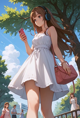 score_9, score_8_up, score_7_up, score_6_up, score_5_up, score_4_up,

From below, 1girl, long hair, brown hair, dress, bag, tree, legs, headphones, phone, mobile phone, smartphone, handbag, sundress