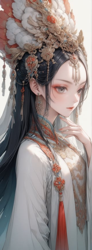 ,(\hua dan\),1girl, solo, black hair, long hair, upper body, long sleeves, simple background, closed mouth, wide sleeves, brown eyes, nail polish, grey eyes, looking away, eyelashes