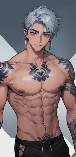 ear piercing, eyebrow piercing, slim muscles, abs, young, hunk, handsome boy, colorful tattoo, old school tattoo, bulge, chest, medium hair, black tattoo, dad, mature, dilf, medium hair, taking off his shirt, dark skin, light blue silver hair, silver lilac eyes, light blue hair