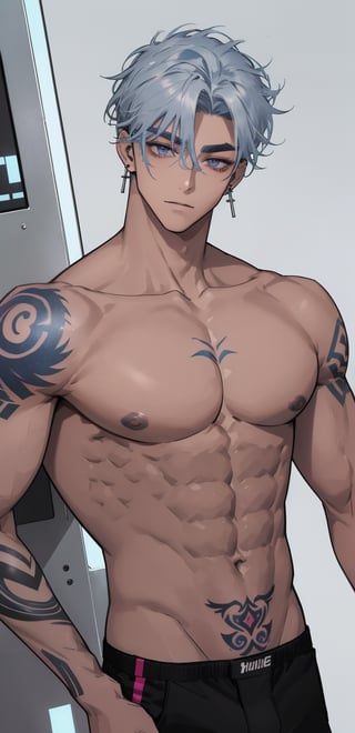 ear piercing, eyebrow piercing, slim muscles, abs, young, hunk, handsome boy, colorful tattoo, old school tattoo, bulge, chest, medium hair, black tattoo, dad, mature, dilf, medium hair, taking off his shirt, dark skin, light blue silver hair, silver lilac eyes, light blue hair