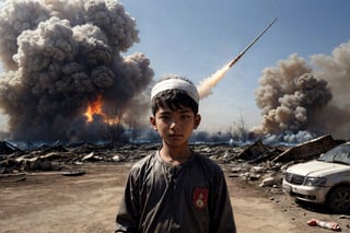 (masterpiece, top quality, best quality),(focus)small kid torn Arabic dress (bandage on head along eye),in his hand there is metal plate, looking toward sky for drop missile,
one big missile,
the whole place is destroyed after air bombing.
There is an ambulance on fire near by ,
