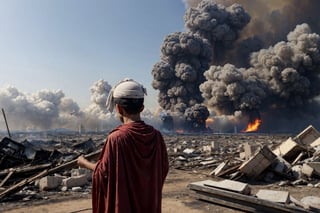 (masterpiece, top quality, best quality),(focus)small kid torn Arabic dress (bandage on head along eye),in his hand there is metal plate, looking toward sky for drop missile,
one big missile,
the whole place is destroyed after air bombing.
There is an ambulance on fire near by ,
