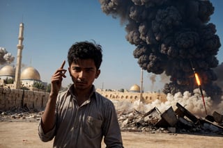 (masterpiece, top quality, best quality),(focus)small kid torn Arabic dress (blood bandage on head along eye),in his hand there is metal plate, looking toward sky for drop missile,
one big missile falling,((near Al-Aqsa Mosque)),
the whole place is destroyed after air bombing.
There is an ambulance on fire near by ,
