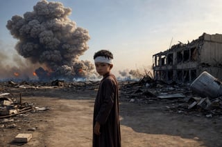 (masterpiece, top quality, best quality),(focus)small kid torn Arabic dress (bandage on head along eye),in his hand there is metal plate, looking toward sky for drop missile,
one big missile,
the whole place is destroyed after air bombing.
There is an ambulance on fire near by ,
