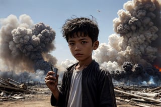 (masterpiece, top quality, best quality),(focus)small kid torn Arabic dress (bandage on head along eye),in his hand there is metal plate, looking toward sky for drop missile,
one big missile,
the whole place is destroyed after air bombing.
There is an ambulance on fire near by ,
