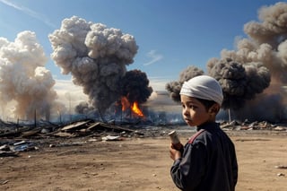 (masterpiece, top quality, best quality),(focus)small kid torn Arabic dress (bandage on head along eye),in his hand there is metal plate, looking toward sky for drop missile,
one big missile,
the whole place is destroyed after air bombing.
There is an ambulance on fire near by ,
