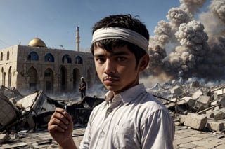 (masterpiece, top quality, best quality),(focus)small kid torn Arabic dress (bandage on head along eye),in his hand there is metal plate, looking toward sky for drop missile,
one big missile falling,((near Al-Aqsa Mosque)),
the whole place is destroyed after air bombing.
There is an ambulance on fire near by ,
