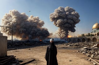 (masterpiece, top quality, best quality),(focus)small kid torn Arabic dress (bandage on head along eye),
his dress on fire,near aqsa mosque,
 looking toward sky for drop missile,
one big missile,
the whole place is destroyed after air bombing.
There is an ambulance on fire near by ,
