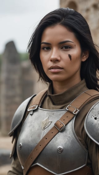 upper body portrait, (a young woman soldier), black hair, tanned skin, ((wearing a worn and damaged brown mate armor)), professional photography, photorealistic, still frame film, focused subject, shallow depth of field, soft contrast, muted tones, volumetric light, overcast day, high definition photo, shot with a Zeiss Otus 55 mm lens F/1.4, (against a medieval ruins), smoky atmosphere