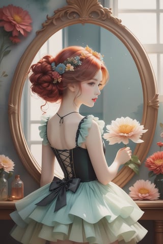 A captivating watercolor illustration of a charming red-haired girl, depicted from behind, standing in front of a vintage flower mirror. Her messy bun is adorned with ringlets of hair, and she dons a multicolored tutu dress. The elegant mirror, adorned with flowers on each side, exudes a fairytale-like atmosphere. The color palette consists of red and black tones, with vibrant pops of color throughout. The background is a pristine white, accentuating the high-quality, high-definition, ultra-HD, and 3D rendering of the scene. The illustration has a magical, mystical, and cinematic quality, reminiscent of anime and conceptual art, with a touch of portrait photography and typography., cinematic, anime, portrait photography, typography, 3d render, conceptual art, illustration, photo, 