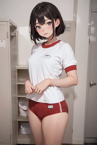 1girl,16 years old,japanese,black small eyes,black hair,bob cut,(gym uniform,red buruma, white shirt, short sleeves, thighs:1.3),
indoors, locker room,BRS0,full_body shot,