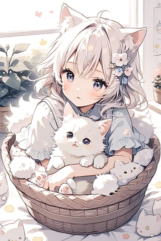 small fluffy white fluffy cat in a basket

,cute,anime,mix,pastel