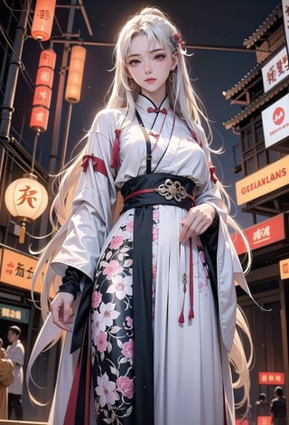 Sexy Pose , (masterpiece),(solo), 1 Japanese beauty, white hair ,  (high sexual attraction,long hair), in the dark night, (sexy Chinese Hanfu+body implants) ,(highly detailed background of ancient Indian achitechture with neon lights) ,Cyberpunk,Enhance,  Chinese fantasy art