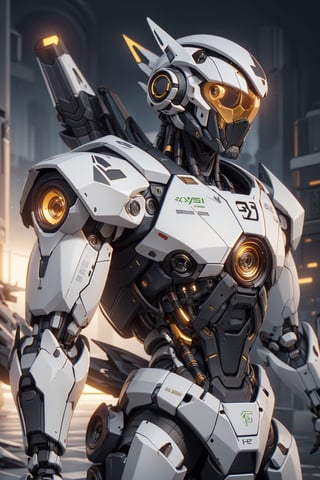 Create an poster image full lenght of a white dragon Robot Mecha Soldier, wearing Futuristic gold and white Soldier Armor and Weapons, Reflection Mapping, Realistic Figure, Hyper Detailed, Cinematic Lighting Photography, hdr, ray tracing, nvidia rtx, super-resolution, unreal 5, subsurface scattering, pbr texturing, post-processing, anisotropic filtering, depth of field, maximum clarity and sharpness, hyper realism, depth of field --ar 51:64 --niji 6 --style raw