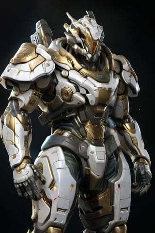 Create an poster image full lenght of a white dragon Robot Mecha Soldier, wearing Futuristic gold and white Soldier Armor and Weapons, Reflection Mapping, Realistic Figure, Hyper Detailed, Cinematic Lighting Photography, hdr, ray tracing, nvidia rtx, super-resolution, unreal 5, subsurface scattering, pbr texturing, post-processing, anisotropic filtering, depth of field, maximum clarity and sharpness, hyper realism, depth of field --ar 51:64 --niji 6 --style raw