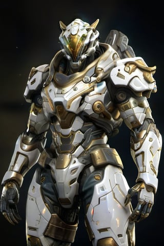 Create an poster image full lenght of a white dragon Robot Mecha Soldier, wearing Futuristic gold and white Soldier Armor and Weapons, Reflection Mapping, Realistic Figure, Hyper Detailed, Cinematic Lighting Photography, hdr, ray tracing, nvidia rtx, super-resolution, unreal 5, subsurface scattering, pbr texturing, post-processing, anisotropic filtering, depth of field, maximum clarity and sharpness, hyper realism, depth of field --ar 51:64 --niji 6 --style raw