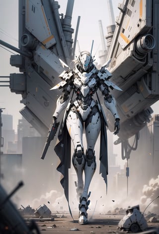 full body shot, glass robot with gun and turret on the shoulder, glass effect on bodywork, massive weapon , glass robot showing anatomy part, hyper realism, iconic photography , intense battlefield background --ar 2:3 --niji 6 --style raw