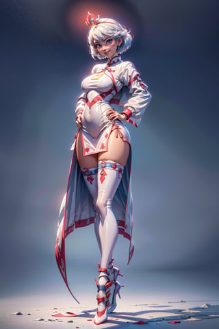 create a full body length of a 1girl, solo, young woman, huge boob, short hair, white hair, blue eyes, smiling, female focus, wearing queen crown, white jacket, white cheongsam, short cheongsam, mecha, wearing high heel, front view, standing confidently with spread leg and crossed arms, perfect hands,