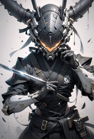 create a male character for a game, with cyber helmet, bring the samurai sword in action position fight pose, 