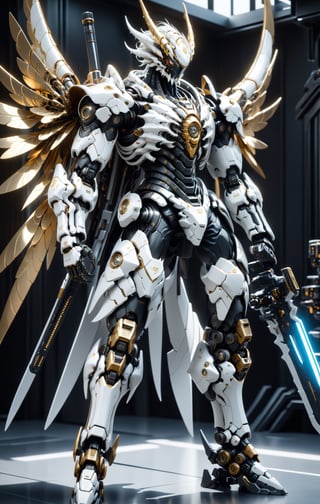 An white dragon Robot Mecha Soldier, Wearing Futuristic gold and black Soldier Armor and Weapons, with mechanical wing and holding the big sword, Reflection Mapping, Realistic Figure, Hyper Detailed, Cinematic Lighting Photography, nvidia rtx, super-resolution, unreal 5, subsurface scattering, pbr texturing, 32k UHD