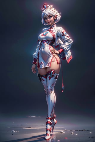 create a full body length of a 1girl, solo, young woman, huge boob, short hair, white hair, blue eyes, smiling, female focus, wearing queen crown, white jacket, white cheongsam, short cheongsam, mecha, wearing high heel, front view, standing confidently with spread leg and hands on hip, perfect hands, Hyper Detailed, Cinematic Lighting Photography capturing every intricate detail, shot on nvidia rtx for realism, showcasing super-resolution and rendered in Unreal 5. Enhanced with subsurface scattering and PBR texturing for a lifelike appearance, in stunning 32k UHD resolution.,PERFECT,FUTURISTIC