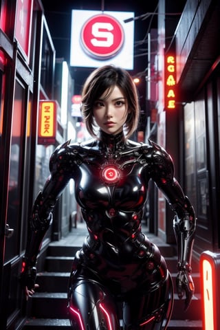 A cyborg detective with a cybernetic eye that can see through walls and detect hidden information, stalks through the neon-drenched streets of a futuristic city. Her expression is one of steely determination, her every step fueled by an unwavering pursuit of justice in a world where technology blurs the lines between right and wrong. cowboy shot.