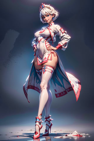 create a full body length of a 1girl, solo, young woman, huge boob, short hair, white hair, blue eyes, smiling, female focus, wearing queen crown, white jacket, white cheongsam, short cheongsam, mecha, wearing high heel, front view, standing confidently with spread leg and crossed arms, perfect hands,