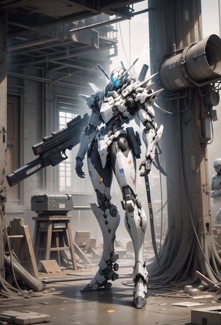 full body shot, glass robot with gun and turret on the shoulder, glass effect on bodywork, massive weapon , glass robot showing anatomy part, hyper realism, iconic photography , intense battlefield background --ar 2:3 --niji 6 --style raw