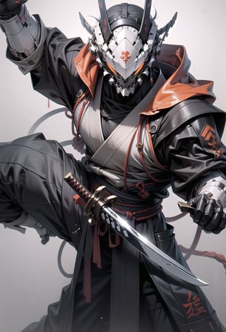 create a male character for a game, with cyber helmet, bring the samurai sword in action position fight pose, 