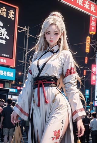 Sexy Pose , (masterpiece),(solo), 1 Japanese beauty, white hair ,  (high sexual attraction,long hair), in the dark night, (sexy Chinese Hanfu+body implants) ,(highly detailed background of ancient Indian achitechture with neon lights) ,Cyberpunk,Enhance,  Chinese fantasy art