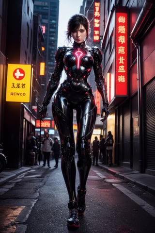 A cyborg detective with a cybernetic eye that can see through walls and detect hidden information, stalks through the neon-drenched streets of a futuristic city. Her expression is one of steely determination, her every step fueled by an unwavering pursuit of justice in a world where technology blurs the lines between right and wrong