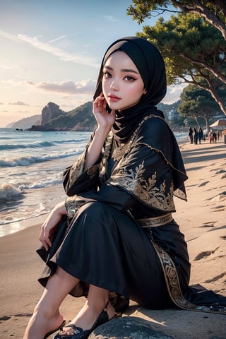 a beautiful Malaysian idol, full hijab, long hijab, sitting at the rock and looking to the front at the beach, wearing short abaya outfit,  hyper detailed perfect face, full body view, long legs, perfect body, high-resolution perfect face, perfect proportions, intricate hyperdetailed hair, highly detailed, intricate hyperdetailed shining eyes, ethereal, graceful, HDR, UHD, high resolution, 64k resolution, cinematic lighting, special effects, stable diffusion,